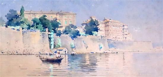 Angelos Giallina (Greek, 1857-1939) Waterfornt scene, Corfu 8.75 x 17.5in.
